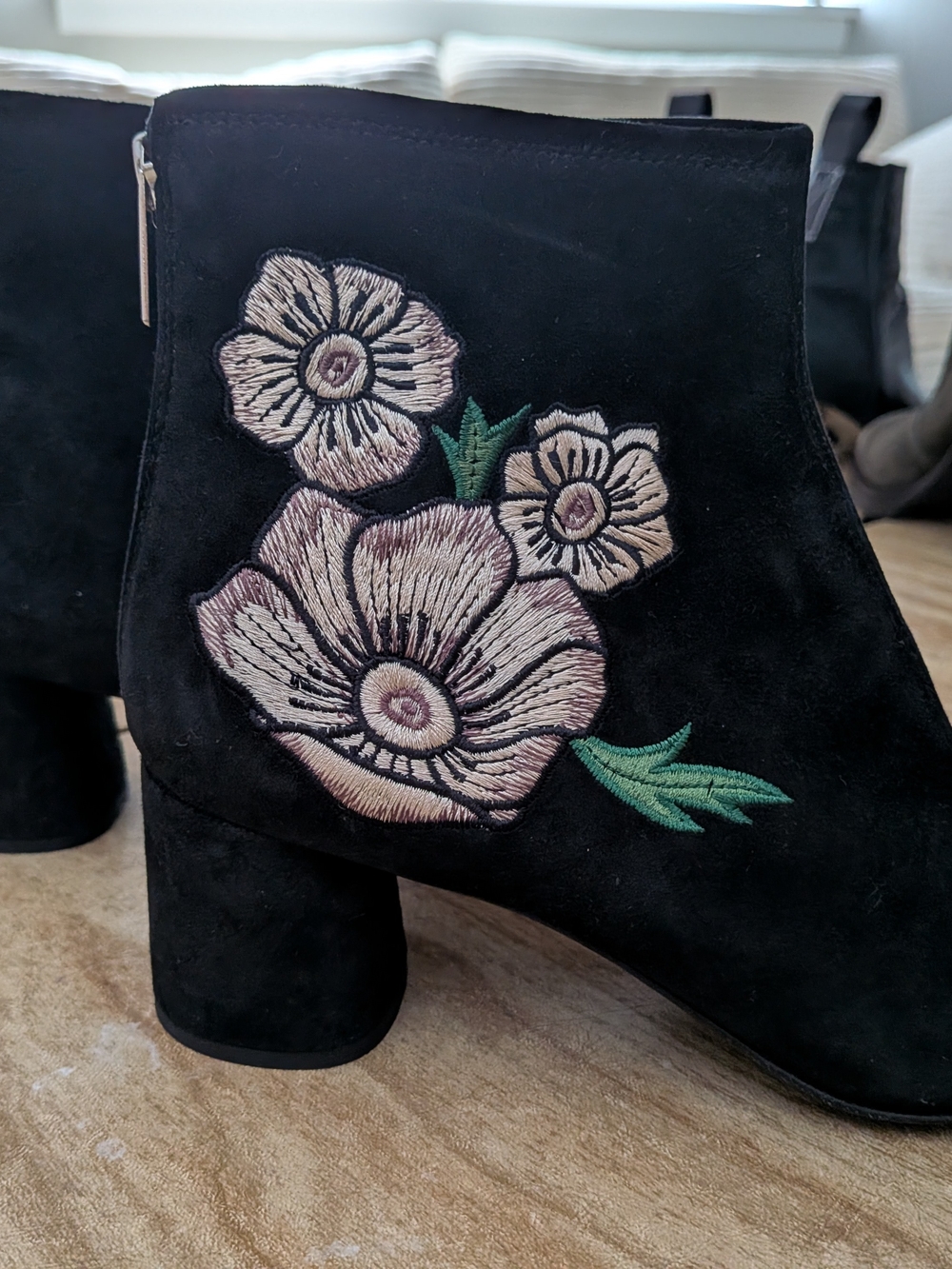 Agl Black Suede Ankle Boots with Pink Floral Embroidery